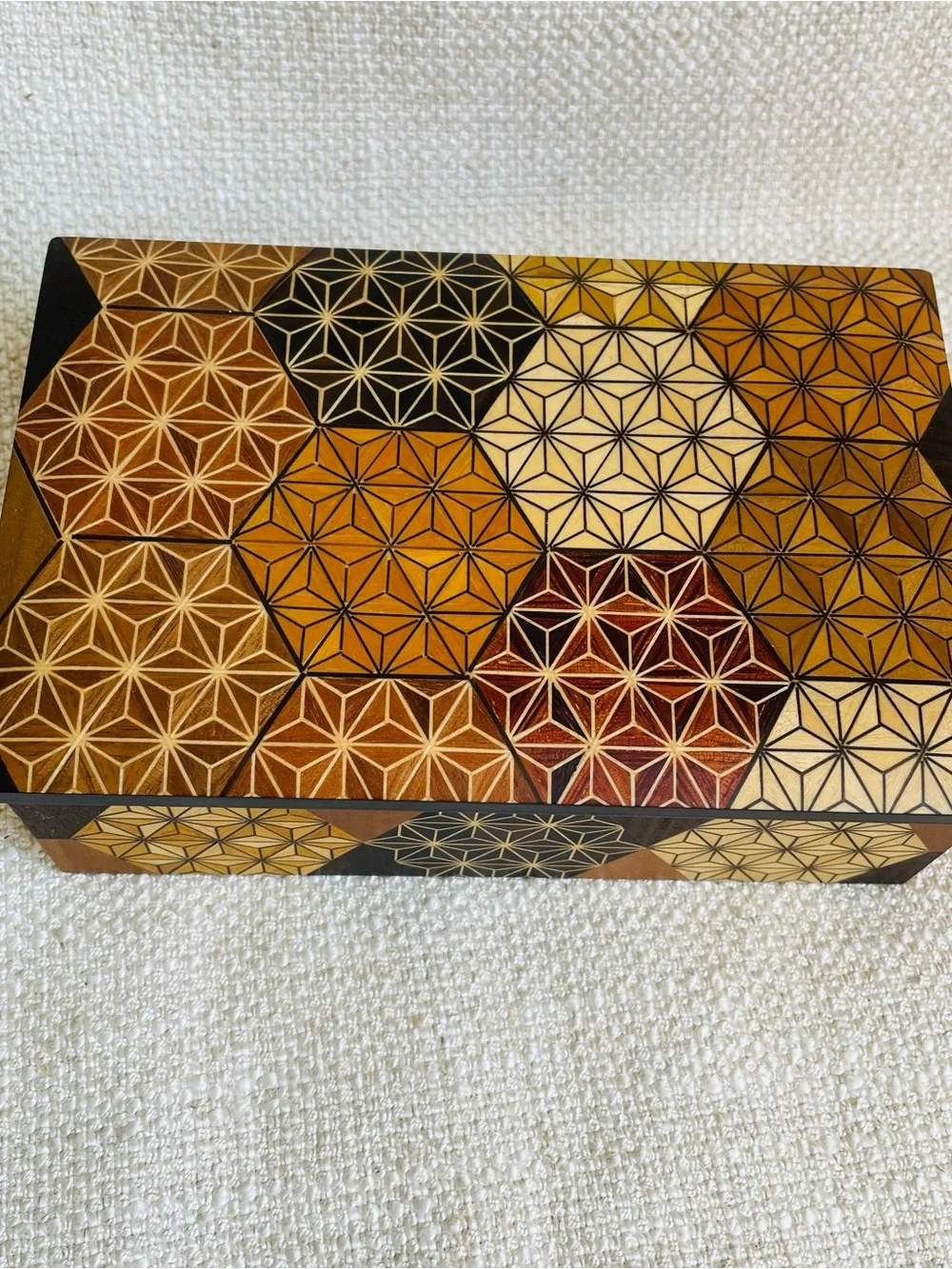 Vintage Handcrafted Geometric Inlay Wood Keepsake Jewelry Box Honey Brown